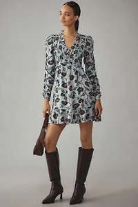 Long-Sleeve V-Neck Ruffle Mini Dress