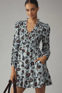 Long-Sleeve V-Neck Ruffle Mini Dress
