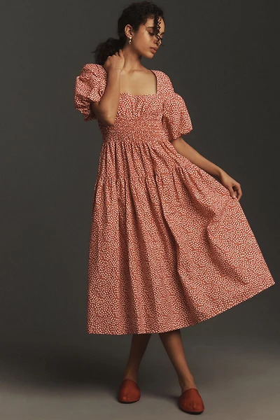 Puff-Sleeve Smocked Poplin Midi Dress