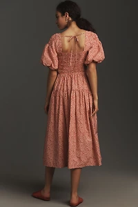 Puff-Sleeve Smocked Poplin Midi Dress