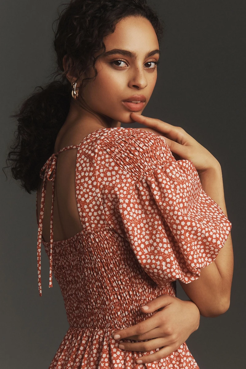 Puff-Sleeve Smocked Poplin Midi Dress