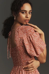 Puff-Sleeve Smocked Poplin Midi Dress