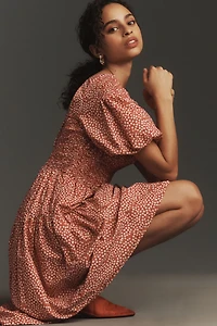 Puff-Sleeve Smocked Poplin Midi Dress