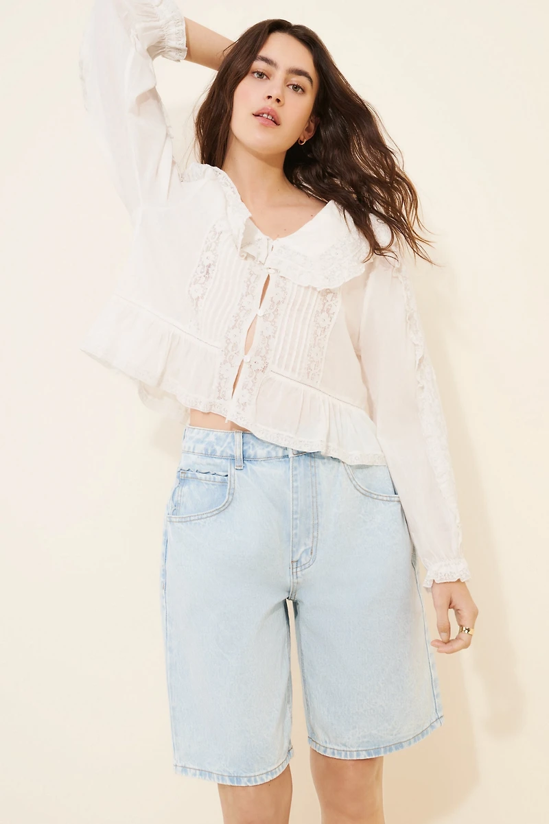 Never Fully Dressed Denim Scallop Pocket Long-Length Shorts