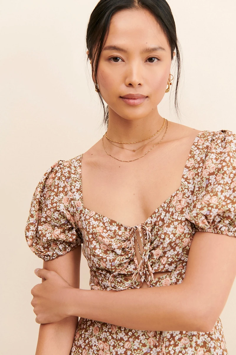 ASTR the Label Lace Up Puff Sleeve Midi Dress