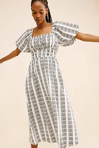 Maeve Puff-Sleeve Square-Neck Smocked Midi Dress