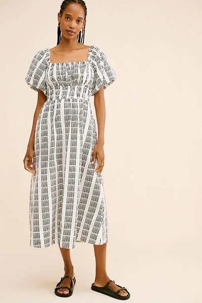 Maeve Puff-Sleeve Square-Neck Smocked Midi Dress