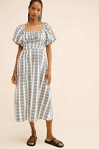 Maeve Puff-Sleeve Square-Neck Smocked Midi Dress