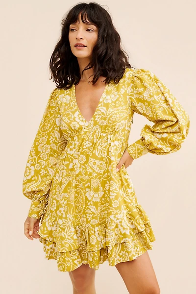 V-Neck Frill Puff Sleeve Mini Dress