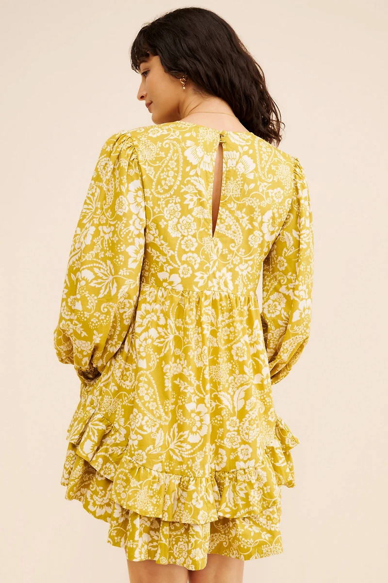 V-Neck Frill Puff Sleeve Mini Dress