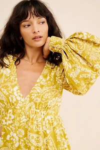 V-Neck Frill Puff Sleeve Mini Dress
