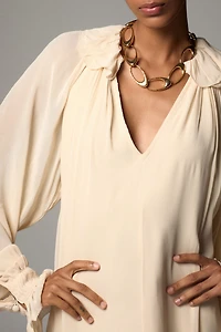 Long-Sleeve Sheer Pleated Midi Dress
