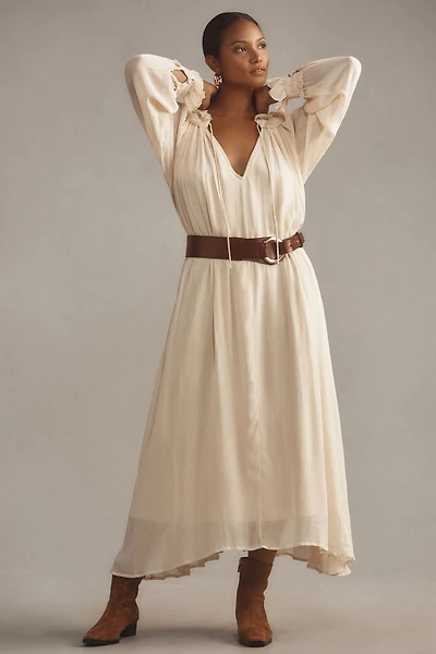 Long-Sleeve Sheer Pleated Midi Dress