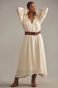 Long-Sleeve Sheer Pleated Midi Dress