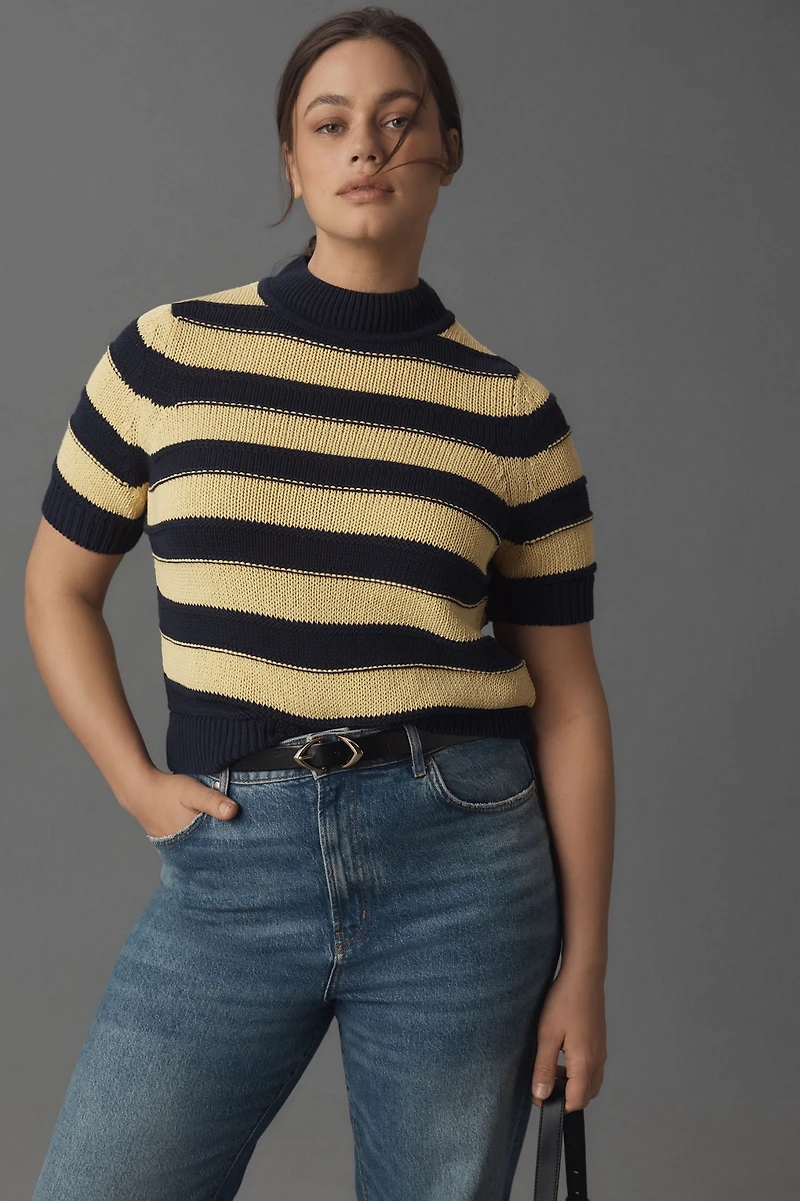 Pilcro Striped Short Sleeve Mock-Neck Sweater