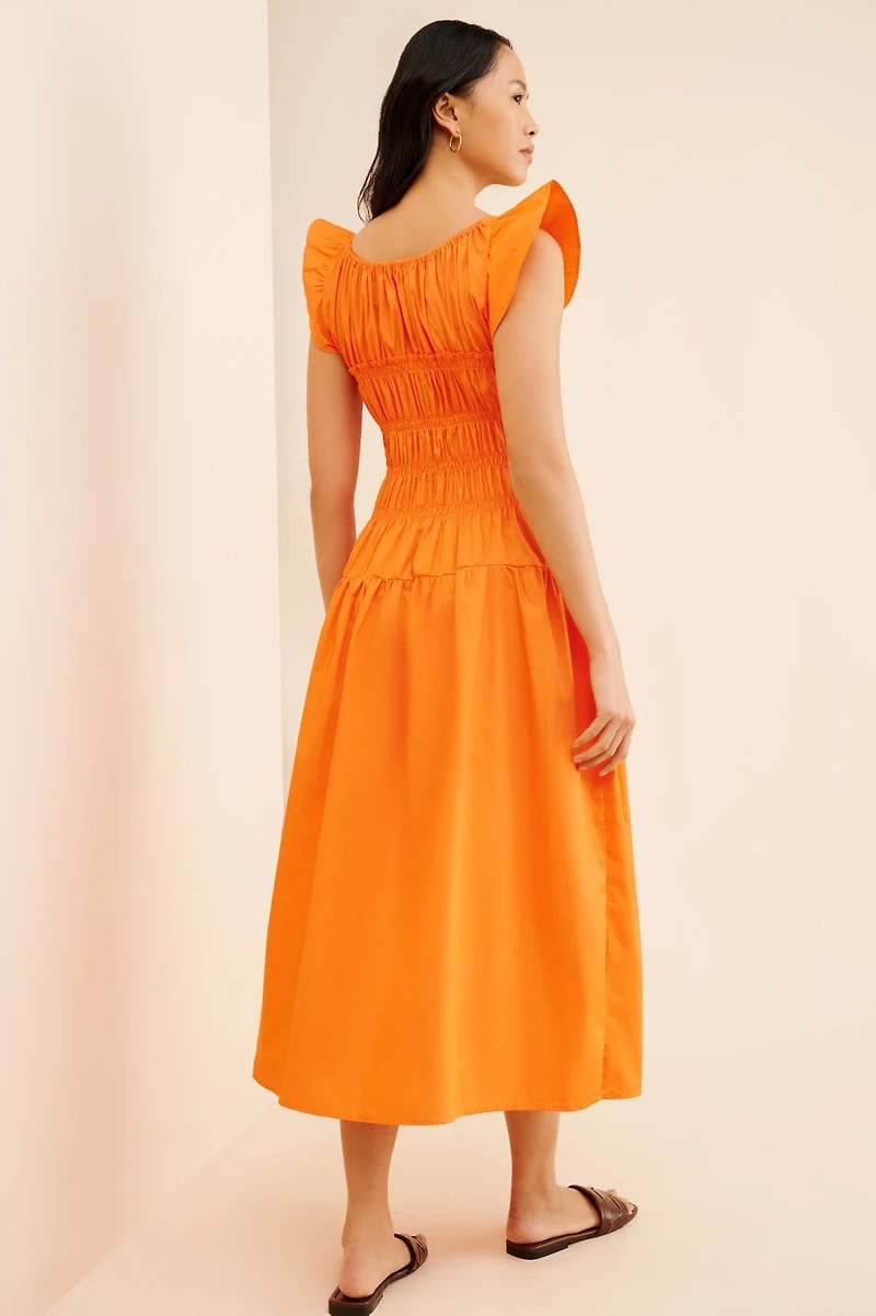 Moon River Ruffle Sleeve Shirred Midi Dress