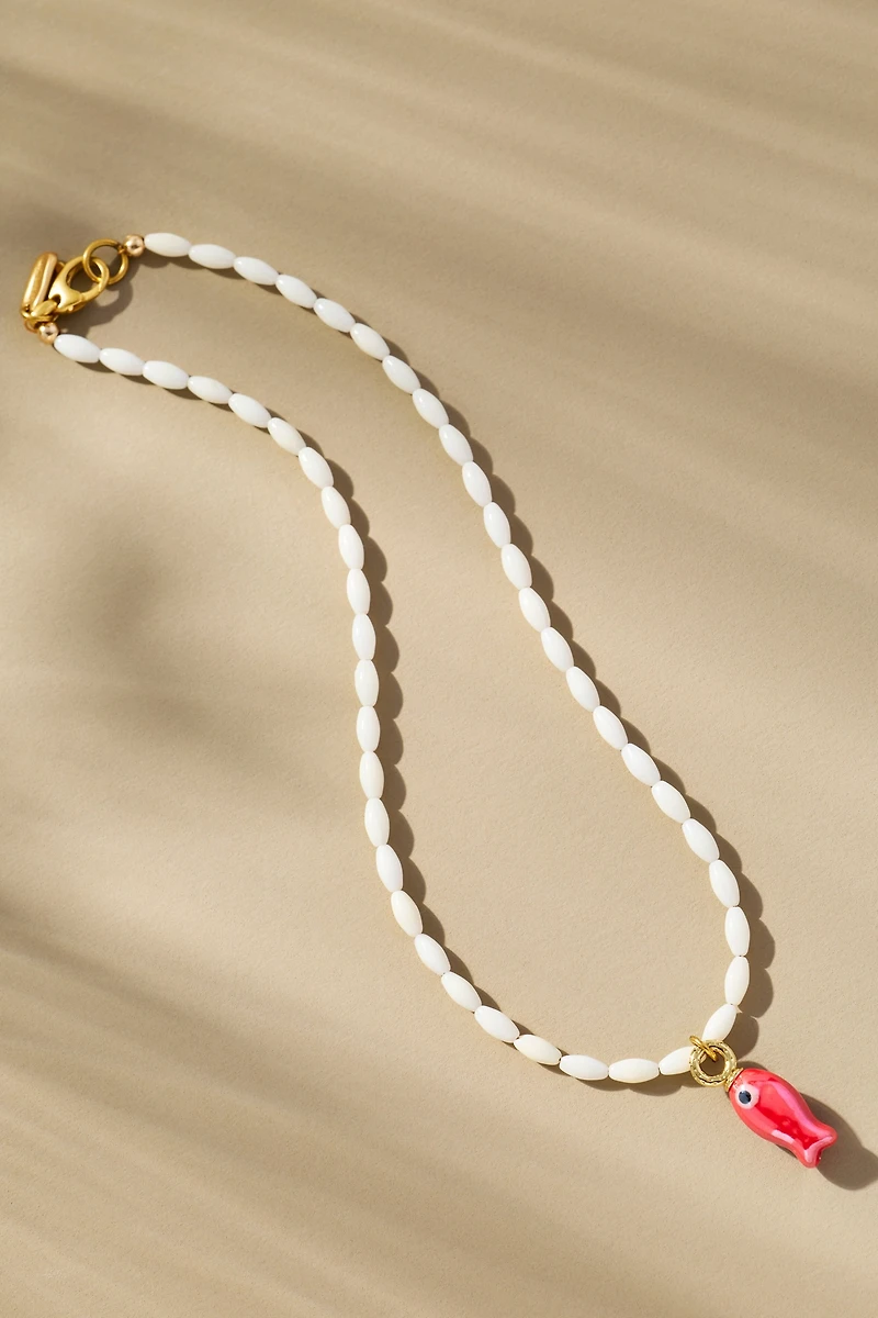 Logan Tay White Beaded Fish Necklace