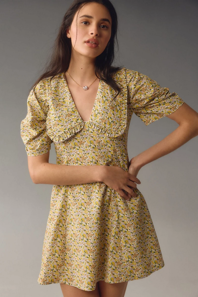 Short-Sleeve Collared Printed Mini Dress