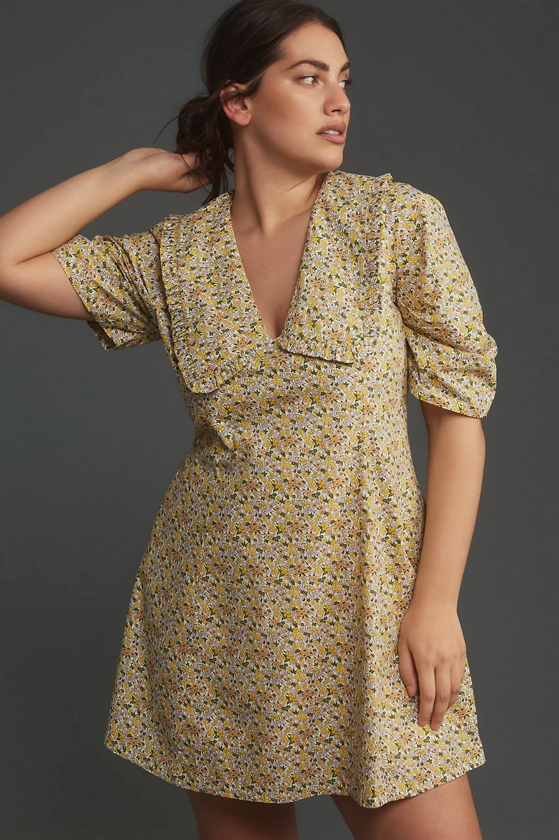 Short-Sleeve Collared Printed Mini Dress