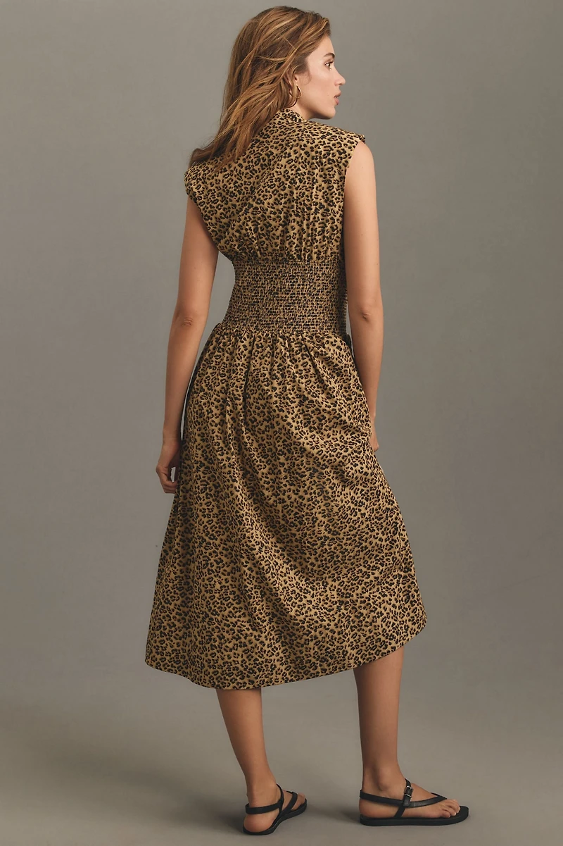 Maeve The Tommie Cap-Sleeve Smocked Front-Zip Shirt Dress