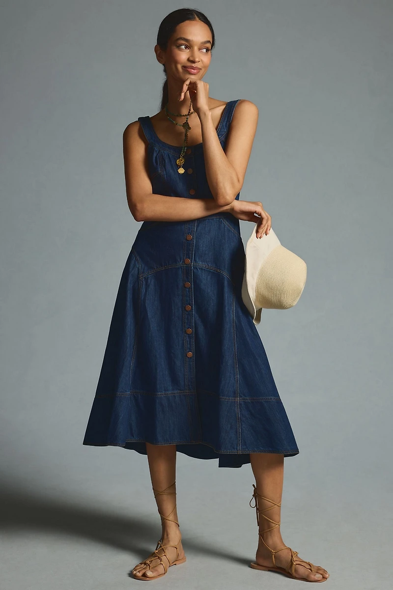 Button-Front Denim Pinafore Dress