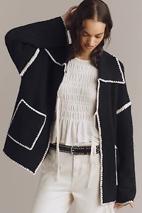 Flat White Collared Whipstitch Cardigan Sweater