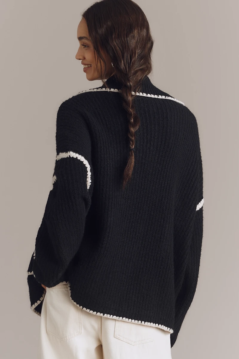 Flat White Collared Whipstitch Cardigan Sweater