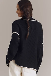 Flat White Collared Whipstitch Cardigan Sweater