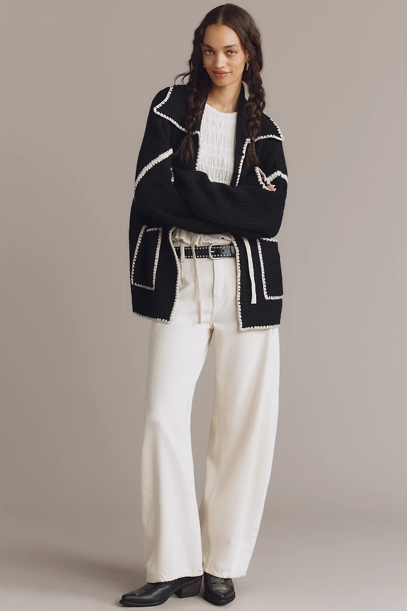 Flat White Collared Whipstitch Cardigan Sweater
