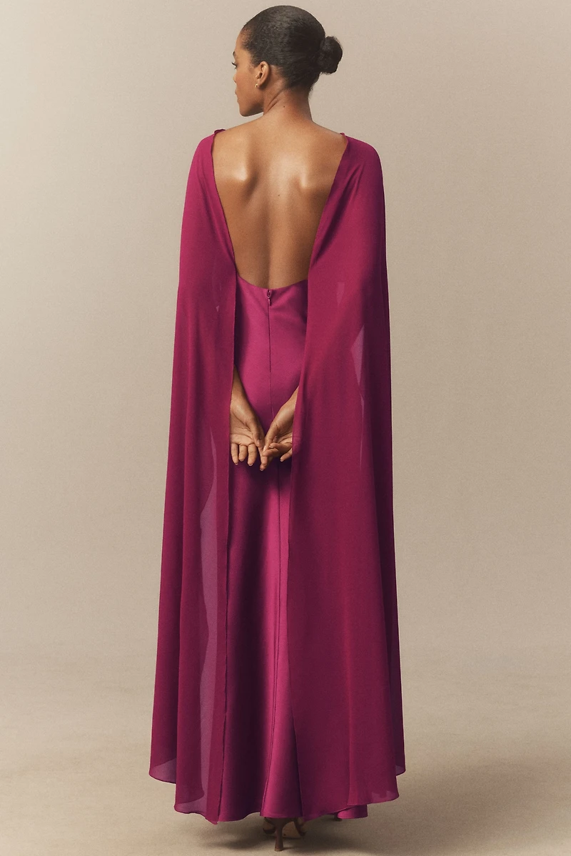 BHLDN Jenny V-Neck Cape Satin Maxi Dress