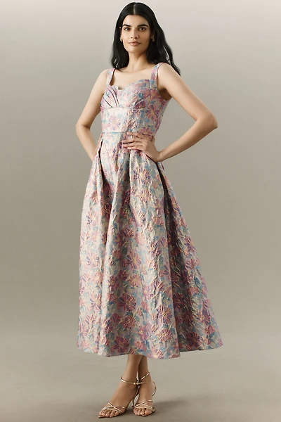 Shoshanna Ophelia Sleeveless Sweetheart Jacquard Midi Dress