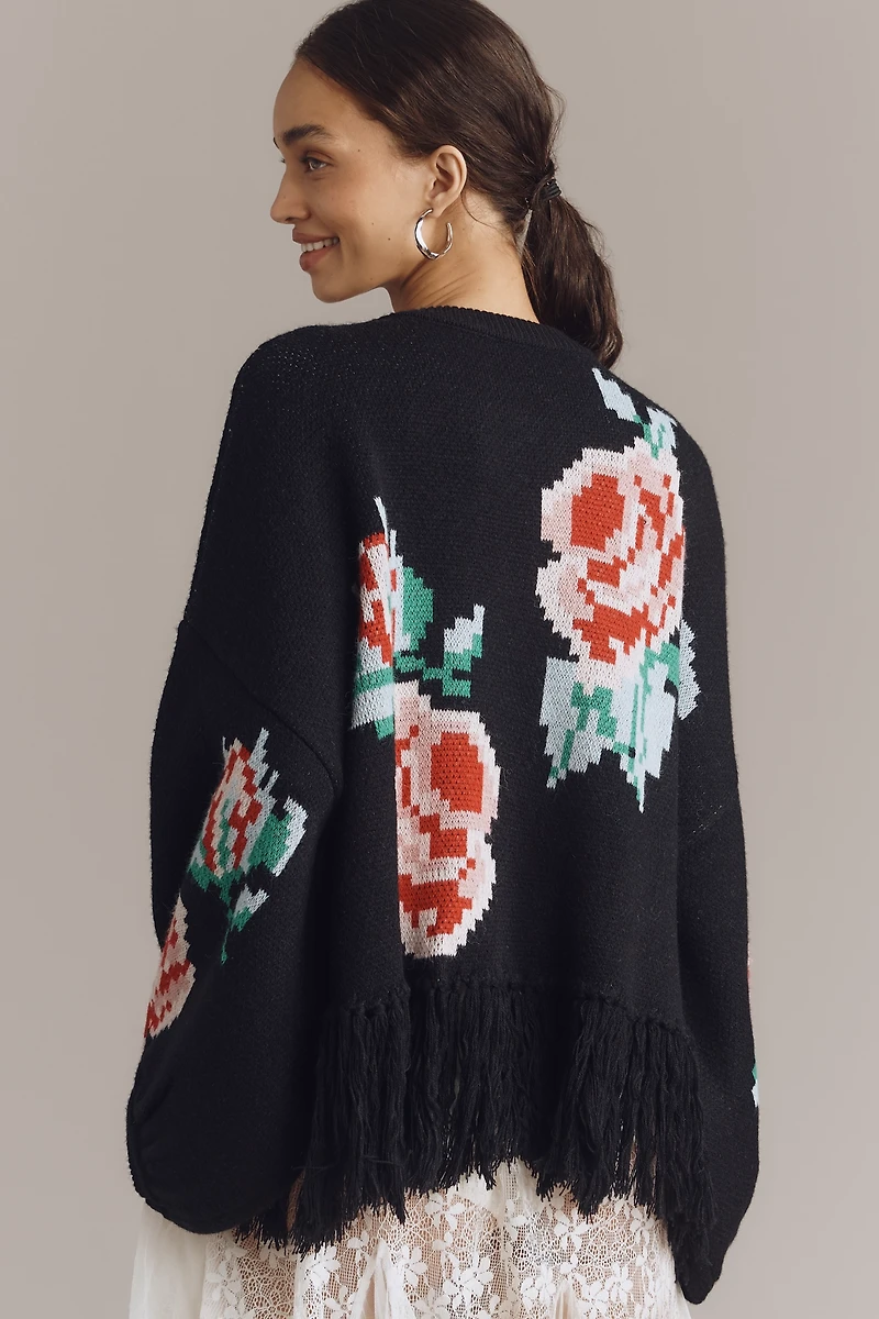 Bel Kazan Fringed Floral Cardigan Sweater