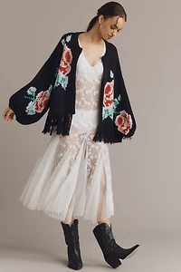Bel Kazan Fringed Floral Cardigan Sweater