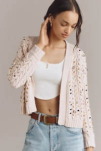 Embellished Cable-Knit Cardigan Sweater