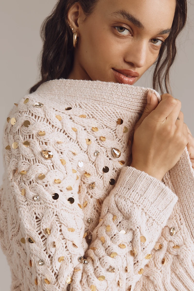 Embellished Cable-Knit Cardigan Sweater