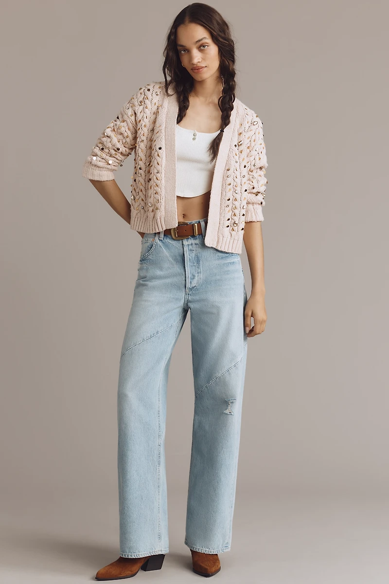 Embellished Cable-Knit Cardigan Sweater