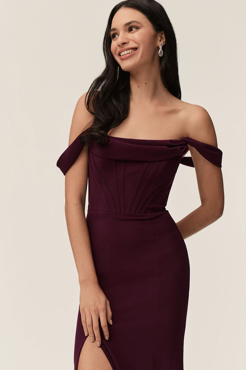 Dress The Population Melania Off-The-Shoulder Corset Crepe Maxi