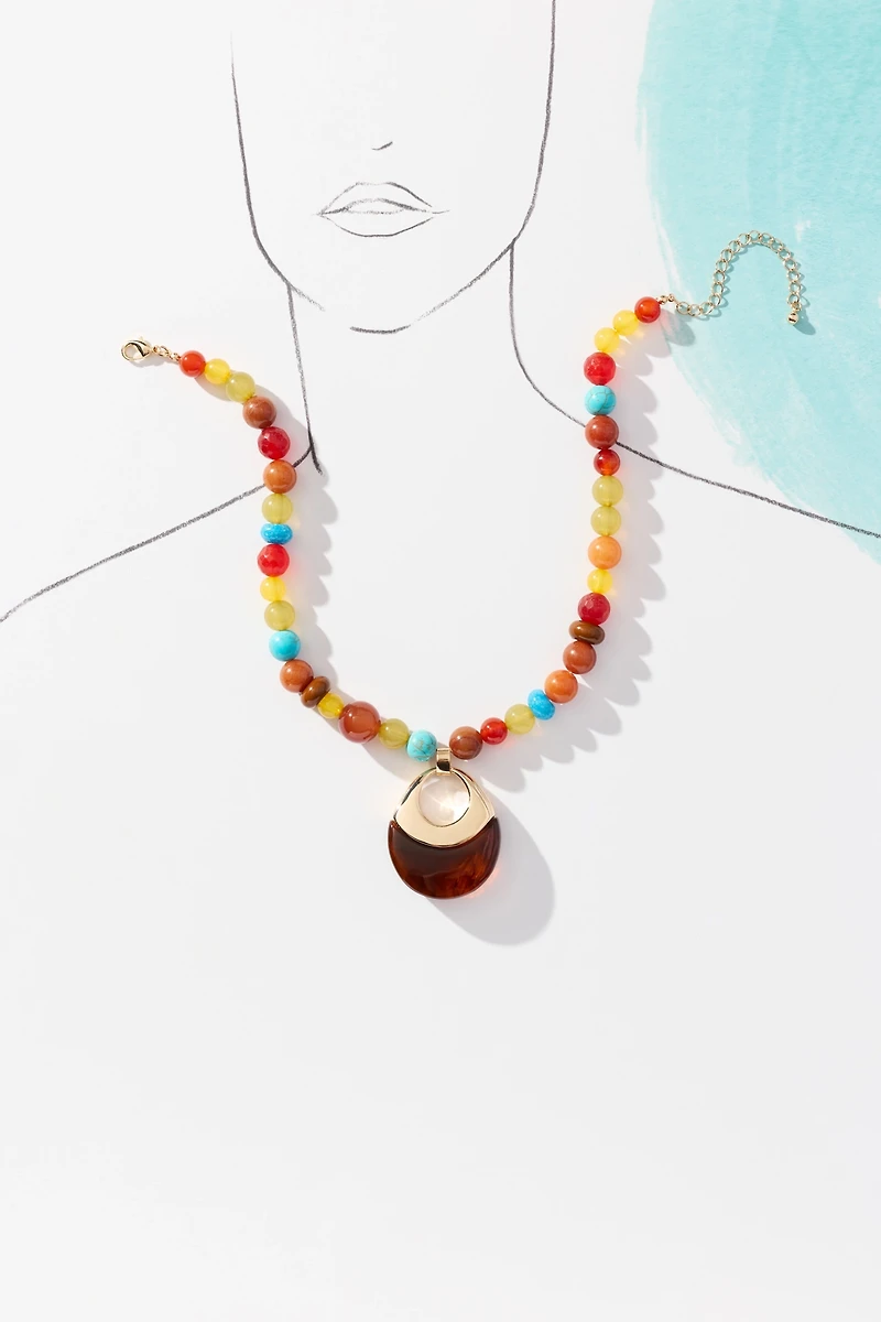 Beaded Resin Pendant Necklace