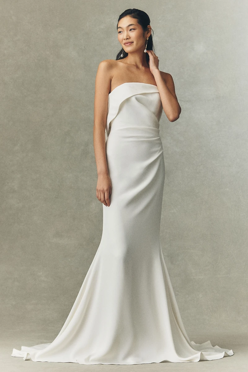 Besa Claude Foldover Strapless Front-Slit Column Wedding Gown