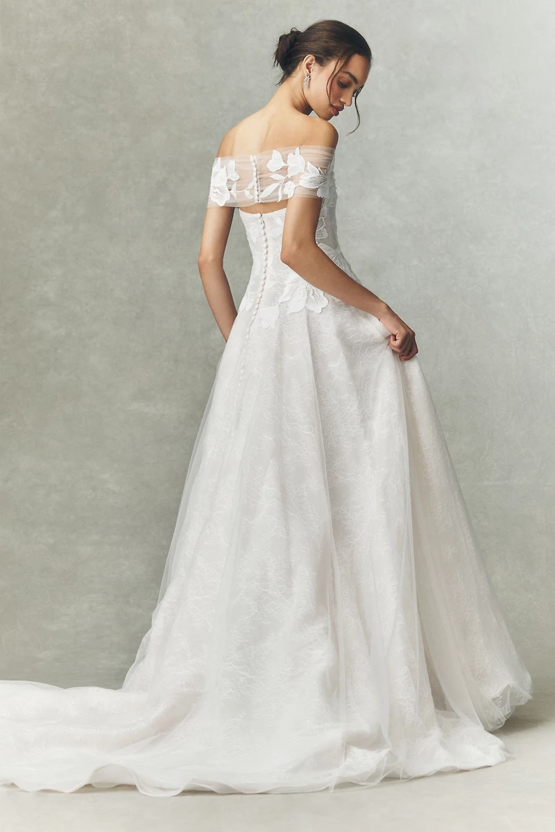 Jenny by Yoo Carmella Off-Shoulder Appliqué Lace A-Line Wedding Gown