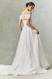 Jenny by Yoo Carmella Off-Shoulder Appliqué Lace A-Line Wedding Gown