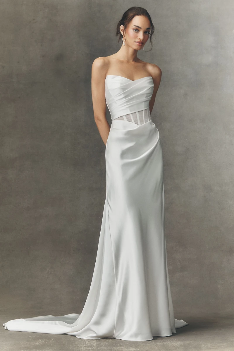 Watters Sonya Strapless Sheer Satin Column Wedding Gown