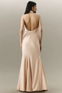Halston Ninette Halter Satin Mermaid Maxi Dress