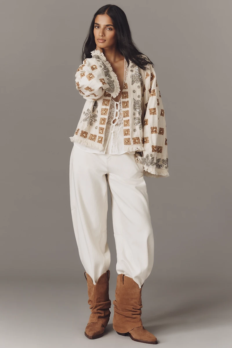 Ollari Embellished Shine Open-Front Top