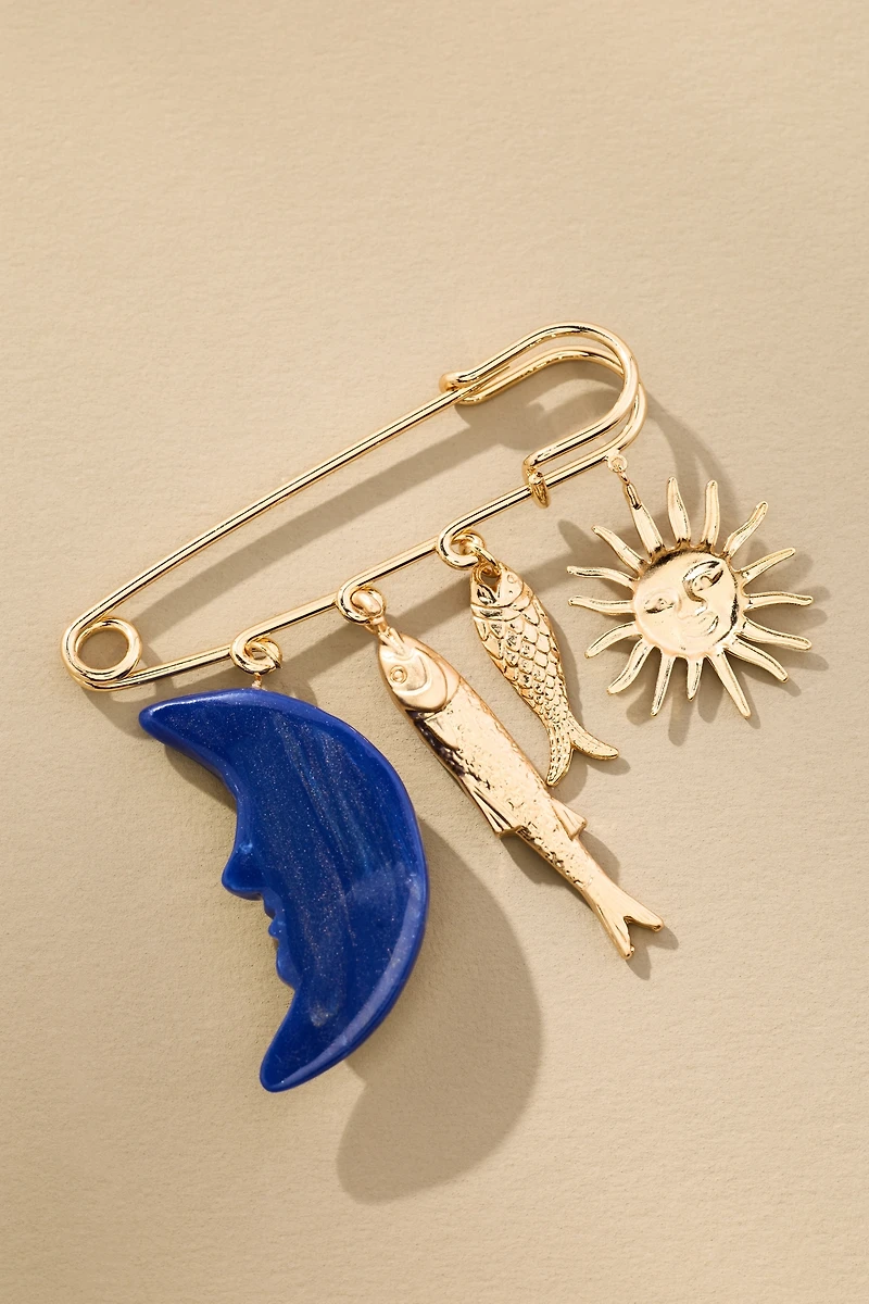 Moon & Fish Safety Pin Brooch