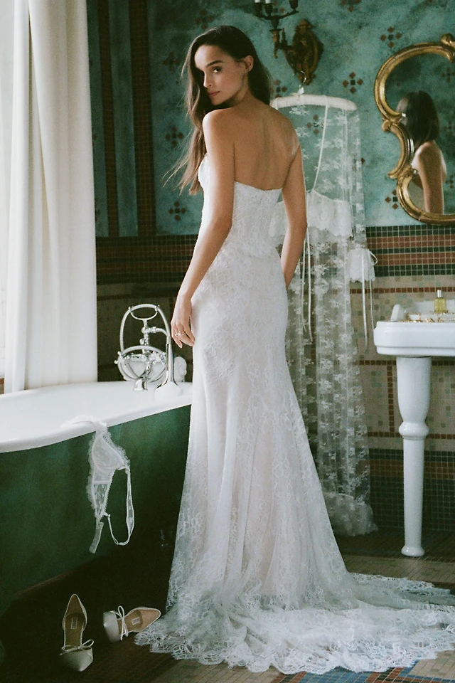 Watters Clara Plunge V-Neckline Puff-Sleeve Bias-Cut Charmeuse Wedding Gown  | The Summit