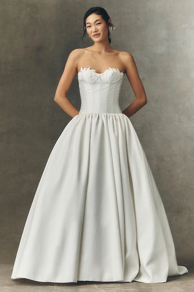 Watters Emmaretta Strapless Drop-Waist Ball-Skirt Wedding Gown