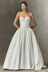 Watters Emmaretta Strapless Drop-Waist Ball-Skirt Wedding Gown