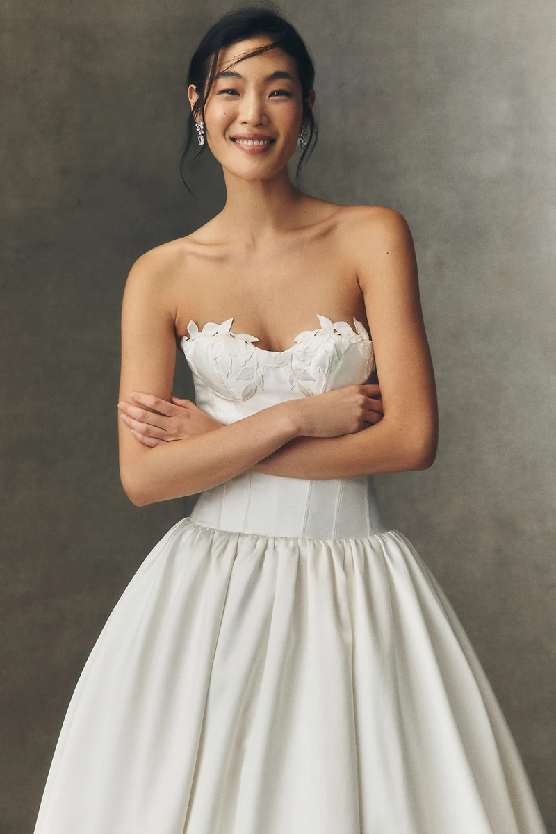 Watters Emmaretta Strapless Drop-Waist Ball-Skirt Wedding Gown