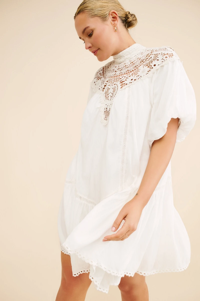 High-Neck Lace Tunic Mini Dress